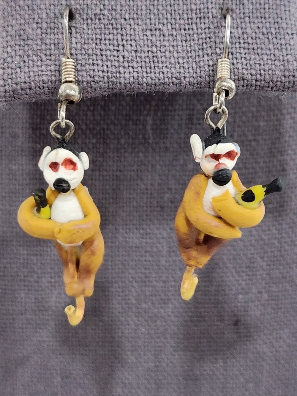 Hand Painted Monkey Holding Banana Dangle Hook Earrings 2.5" Lightweight